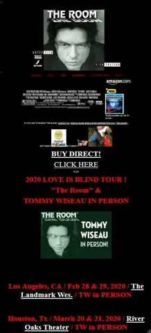 Mobile screenshot of The Room movie website with red text on black.