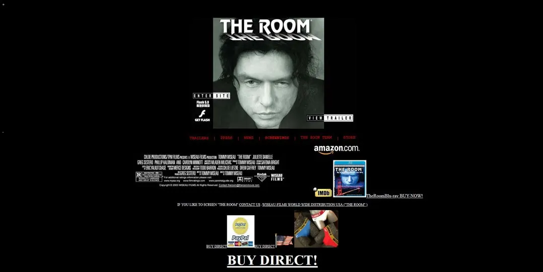 Screenshot of The Room movie website with small text on a black background.