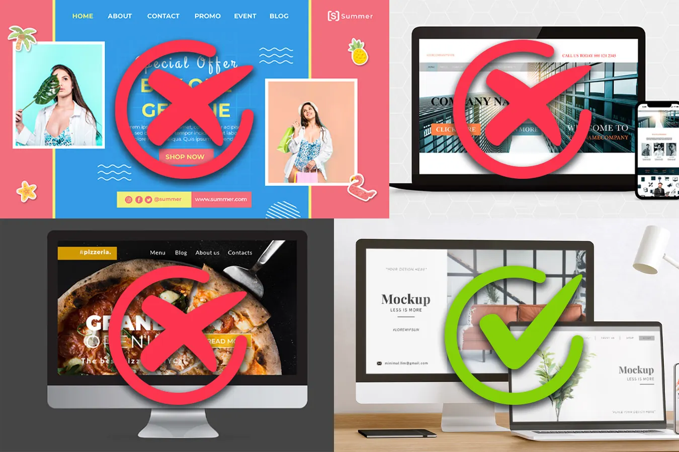 Three website designs crossed out in red and one modern site with a check.