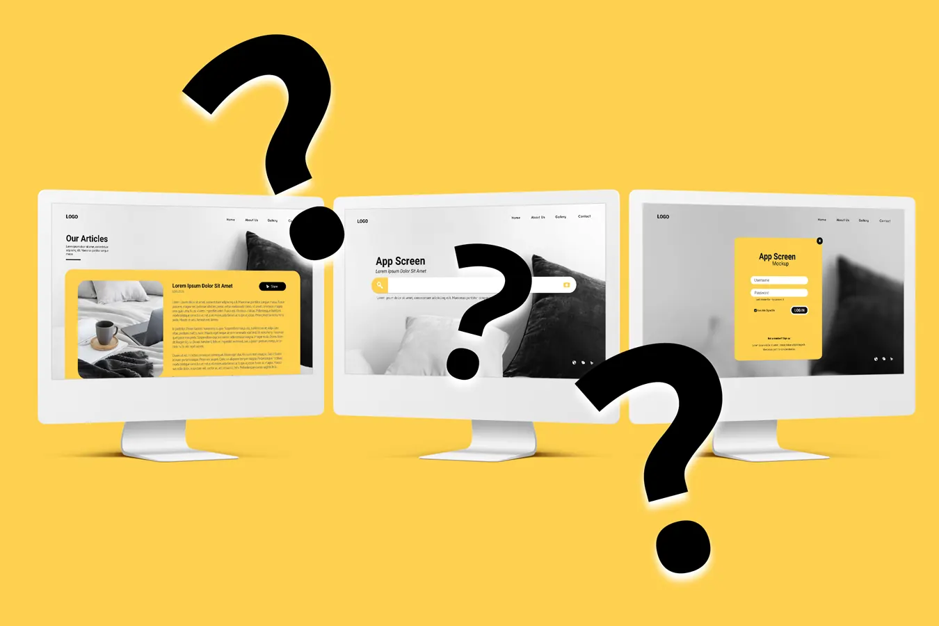 Three website designs on monitors with large question marks on yellow.