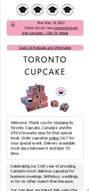 Mobile screenshot of the Toronto Cupcake website with small text and cupcake boxes.
