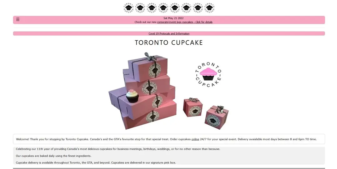 Screenshot of the Toronto Cupcake website with pink bars and tiny text.