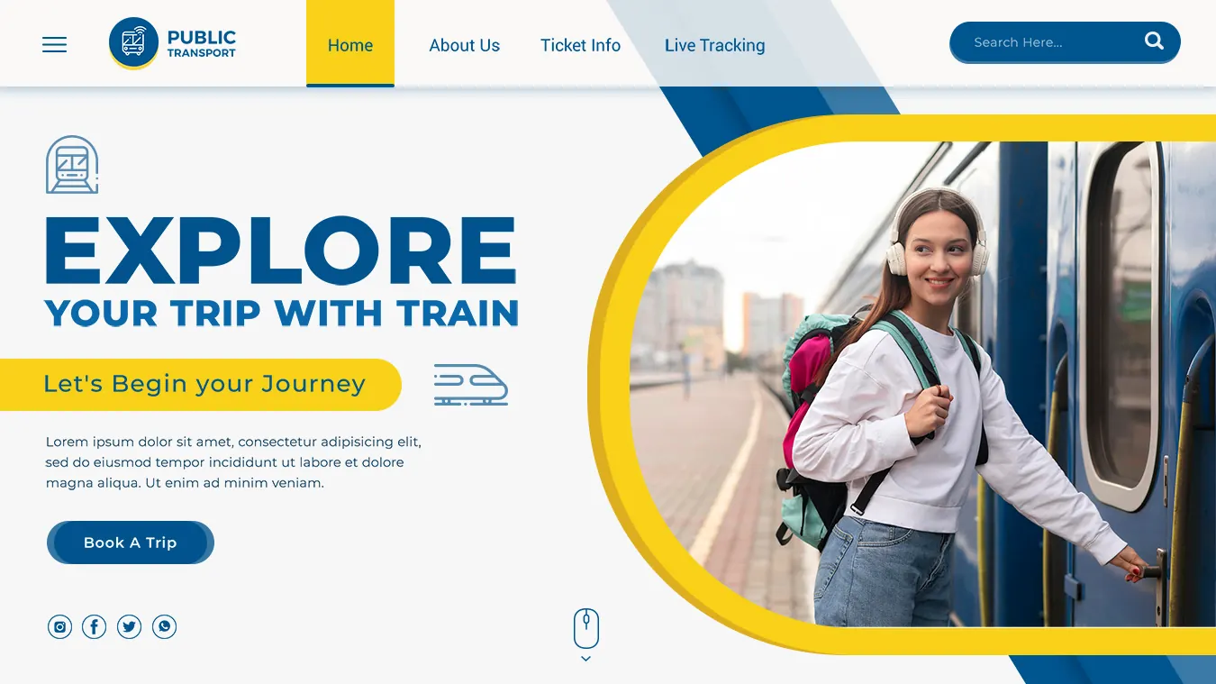 Train travel website design with a smiling woman boarding a train.