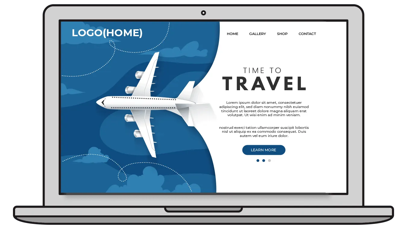 Illustration of a travel agency homepage with a plane on a laptop screen.