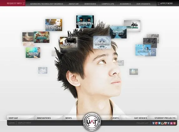 Screenshot of the University of Advancing Technology website with floating images.