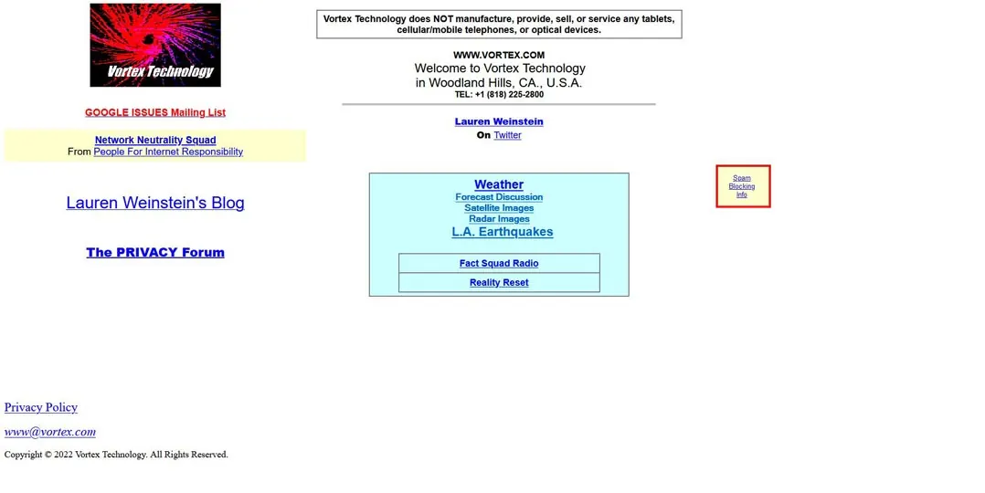 Screenshot of the Vortex Technology website with sparse links on white.