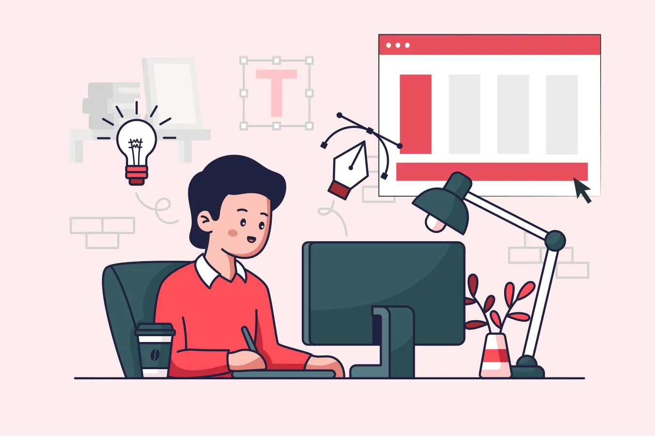 Illustration of a web designer at a computer with a lightbulb and pen tool.