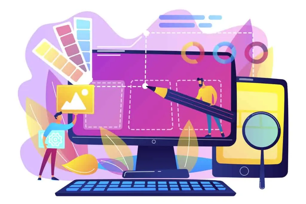 Illustration of a designer working on a large monitor with colour swatches.