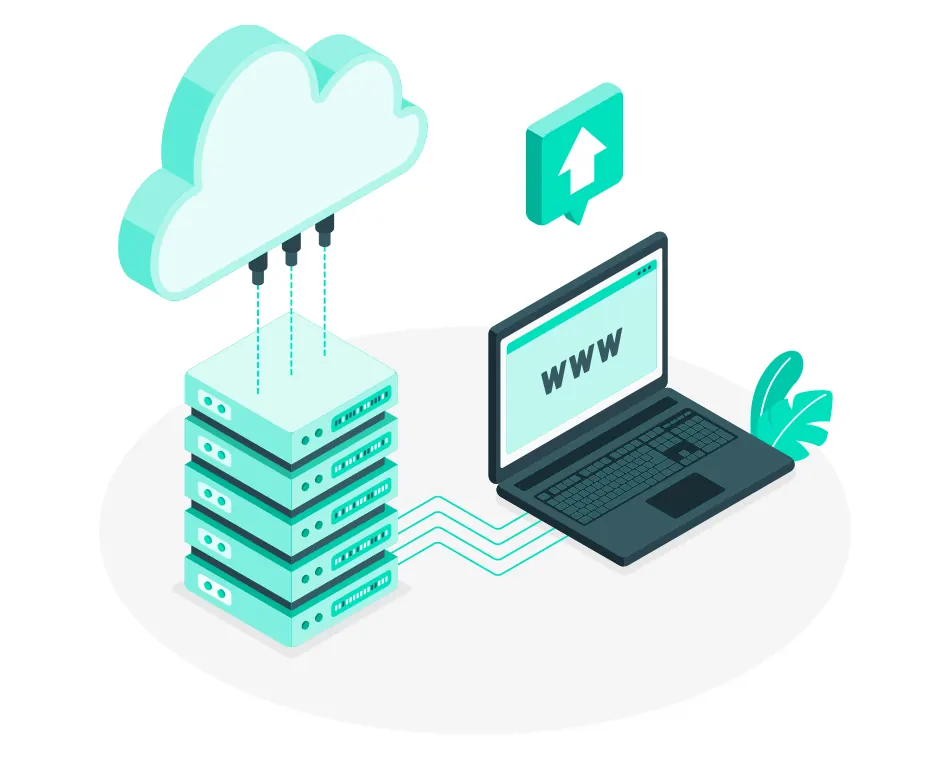 Illustration of a cloud and server connected to a laptop showing www.