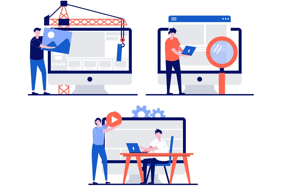 Illustration of people building websites on three monitors with tools.