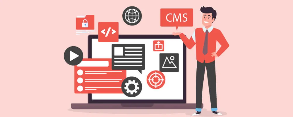 Illustration of a man beside a laptop with CMS, code and security icons.