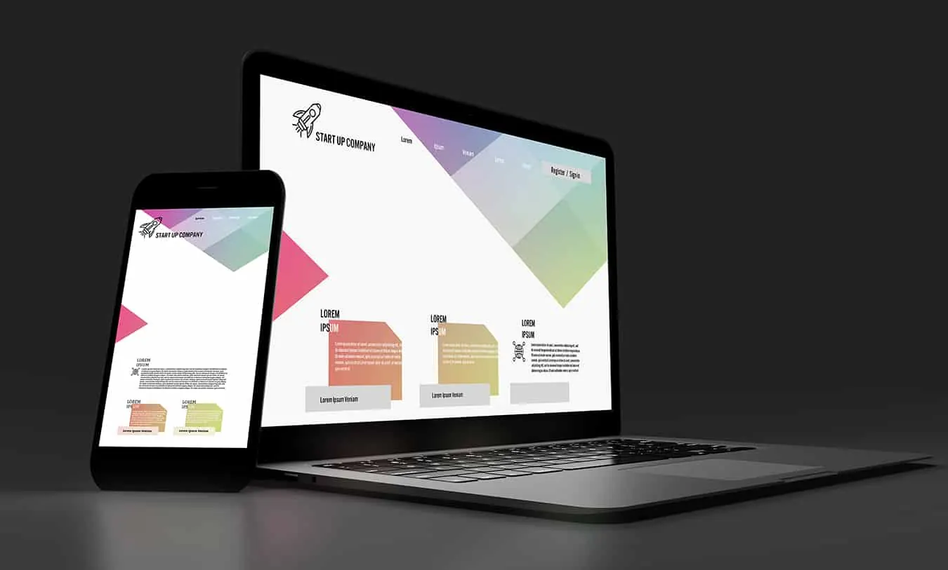 A website shown on a phone and laptop in a dark mockup scene.