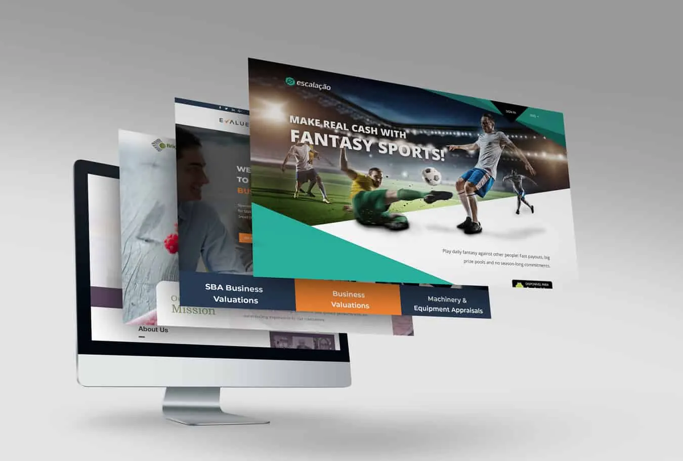 Several website pages pop out of a desktop monitor in a 3D mockup.
