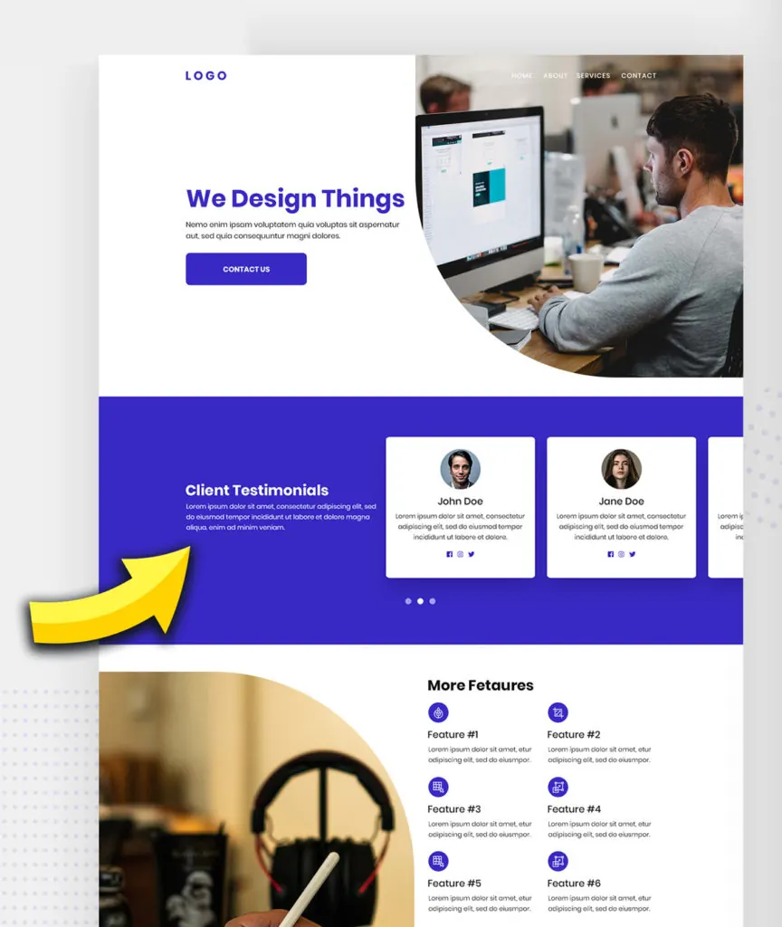 Website template with a yellow arrow pointing to the client testimonials section.
