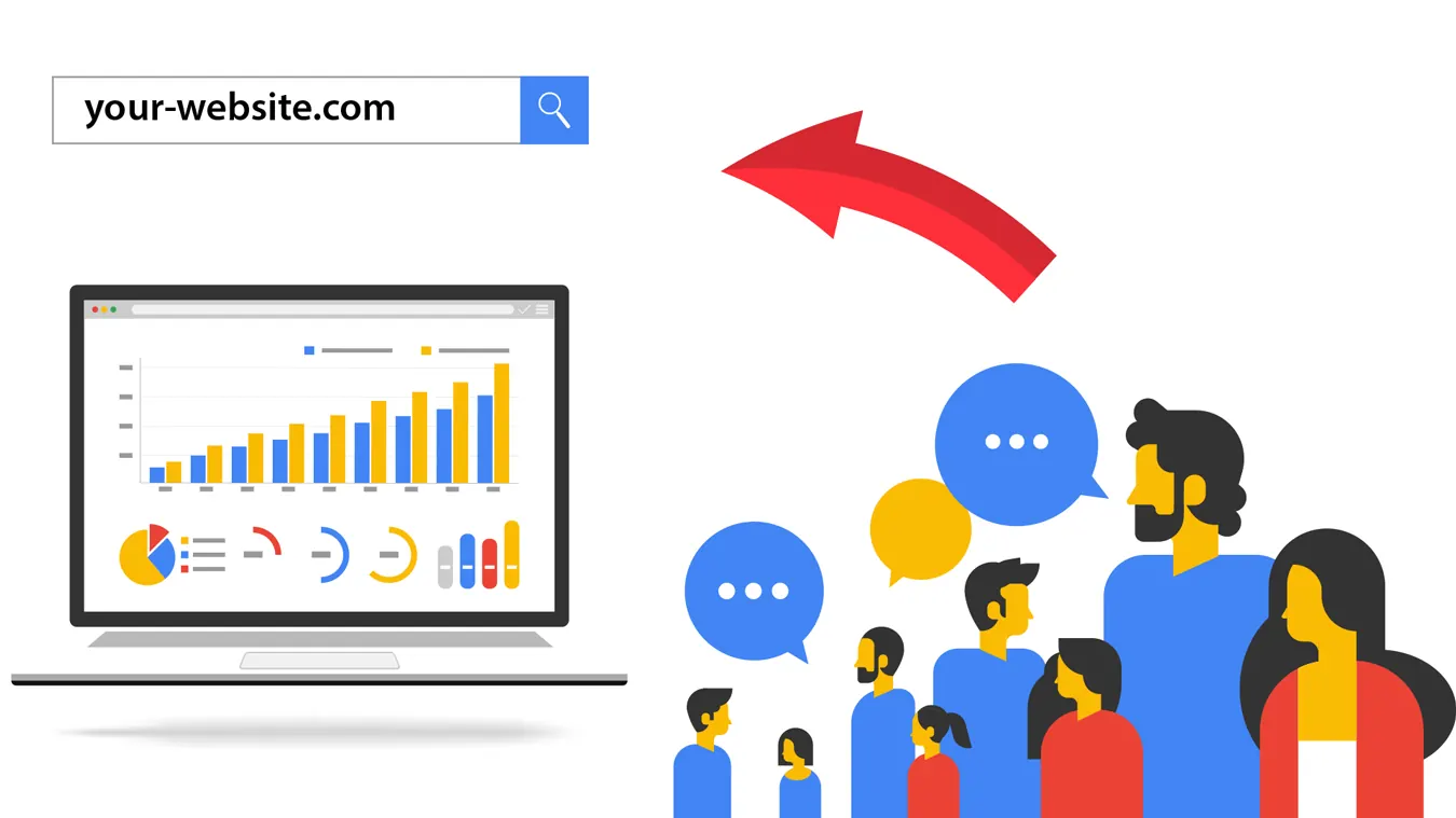 Illustration of a crowd of people beside a laptop showing analytics charts.
