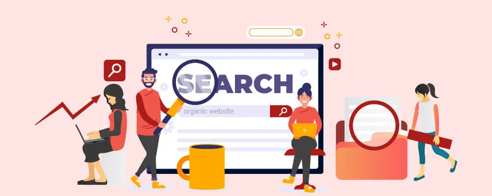 Illustration of people around a large search bar and magnifying glass.
