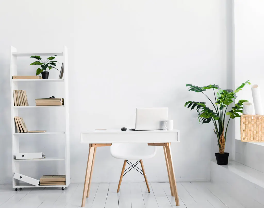 A minimal white office with a desk, chair, shelves and plants.