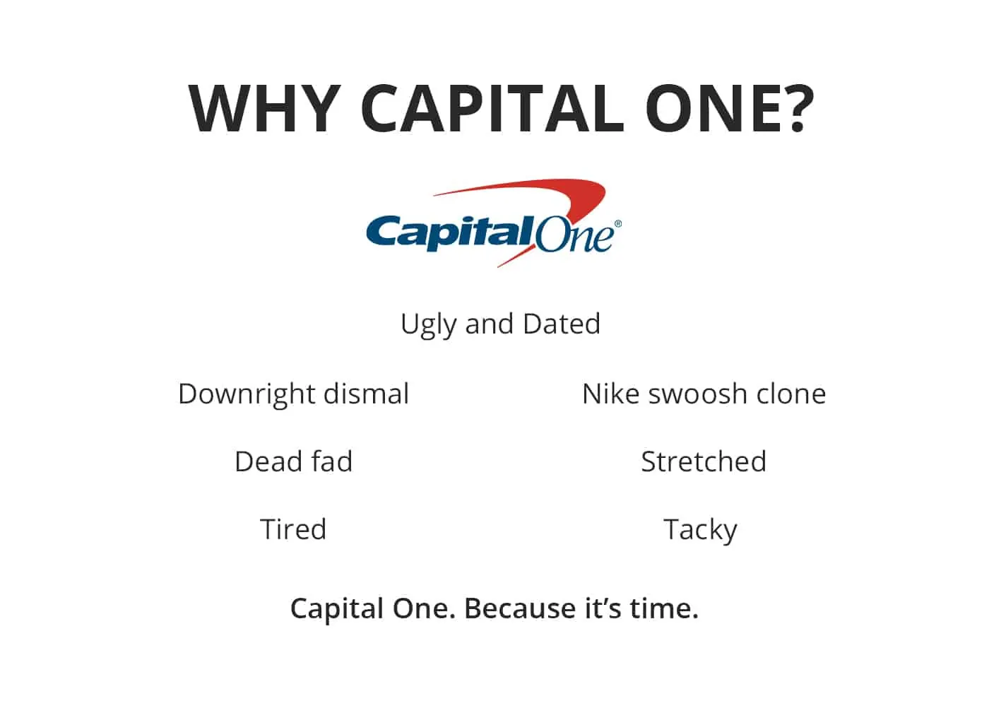 Slide titled Why Capital One listing words that describe the dated logo.