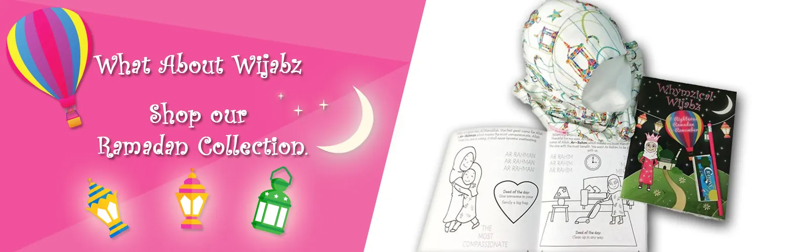Pink Whymzical Wijabz banner promoting a Ramadan collection with lanterns.