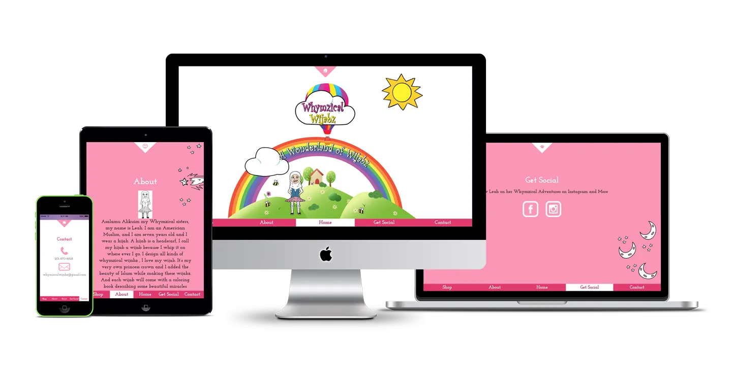 The Whymzical Wijabz website shown on a desktop, laptop, tablet and phone.