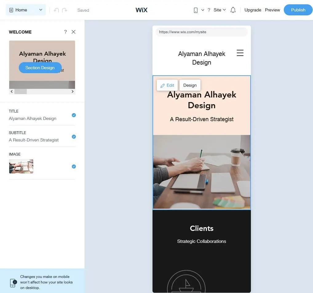 Screenshot of the Wix mobile editor showing an Alyaman Alhayek Design page.