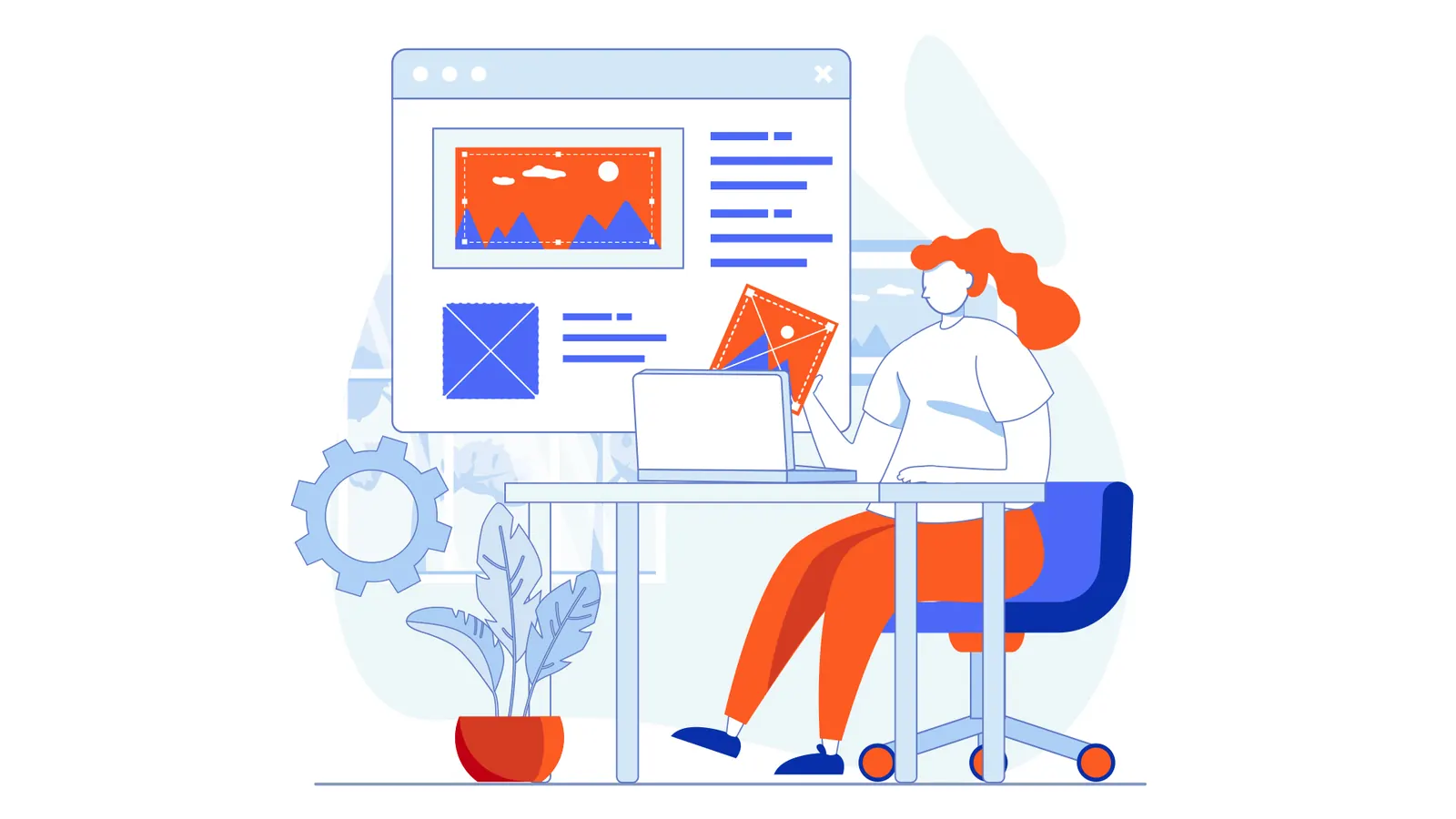 Illustration of a woman at a laptop learning web design with layout icons.