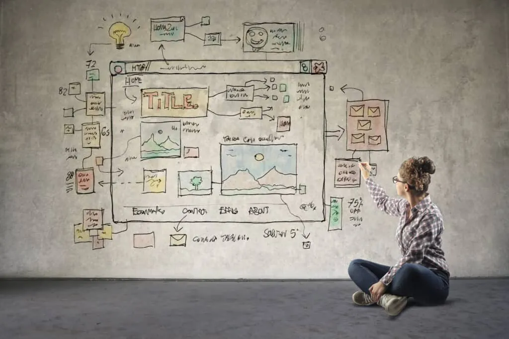 A woman sitting on the floor sketches a website plan on a wall.