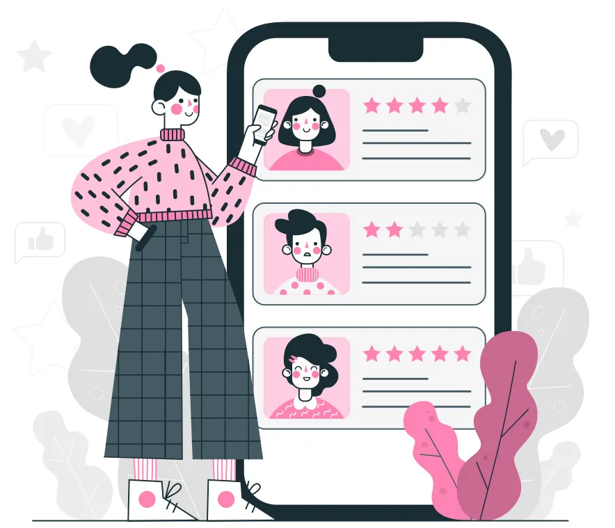 Illustration of a woman beside a large phone showing star rating reviews.