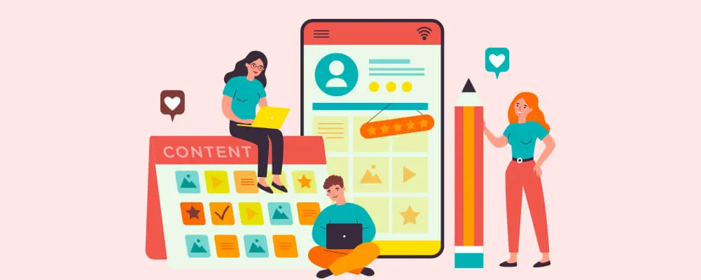 Illustration of people building content around a large phone and calendar.