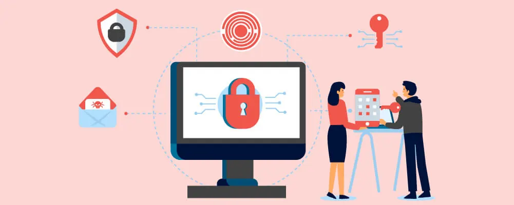Illustration of a computer with a padlock and two people planning security.