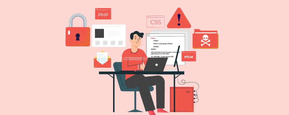 Illustration of a man at a laptop surrounded by security warning icons.