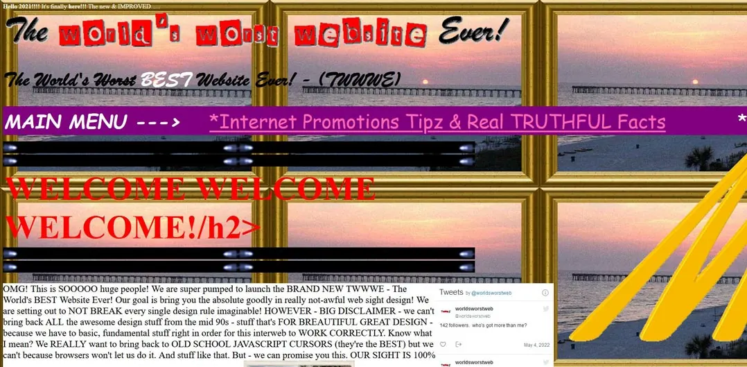 Screenshot of The Worlds Worst Website Ever with a sunset background and red text.