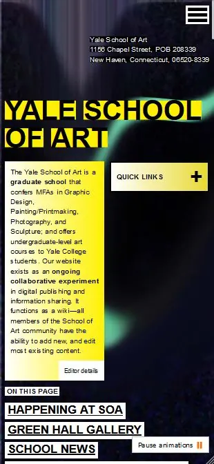 Mobile screenshot of the Yale School of Art site with yellow highlighted text.