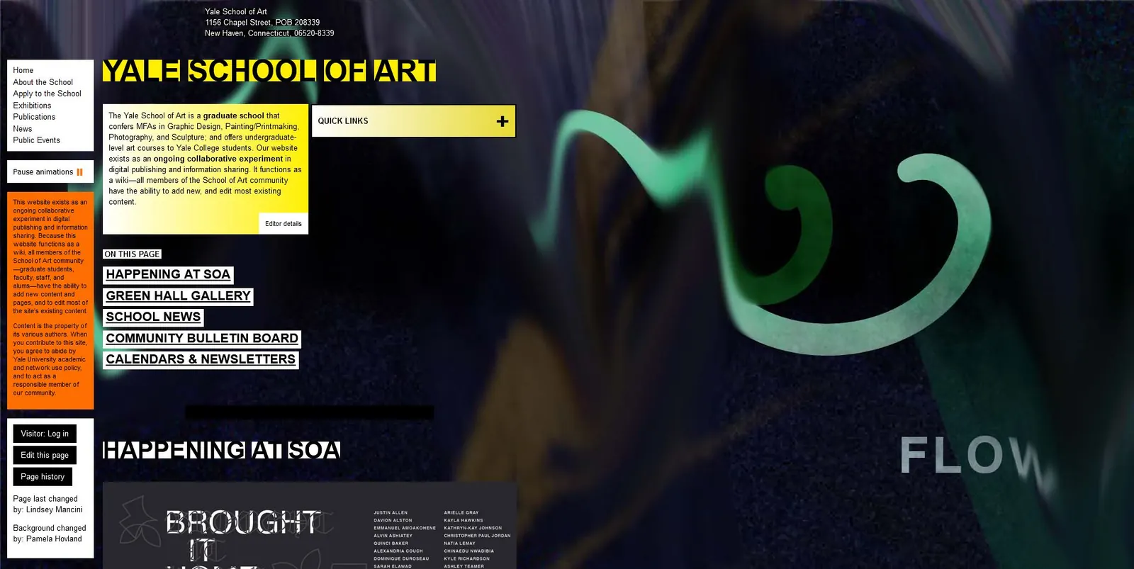 Screenshot of the Yale School of Art website with cluttered text boxes.
