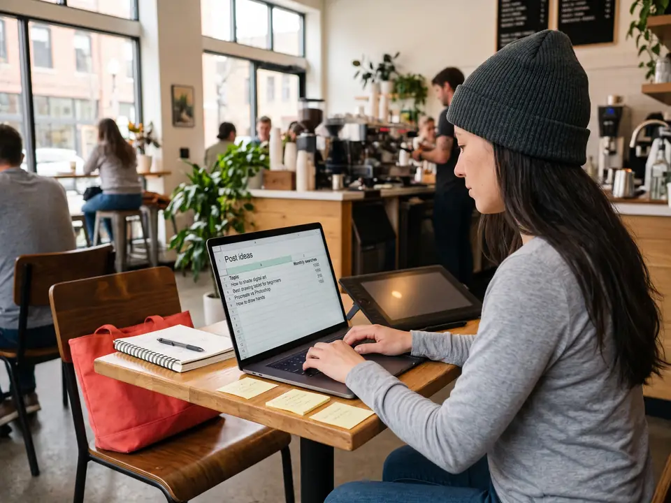 A blogger in a cafe plans post ideas in a spreadsheet with monthly search numbers.