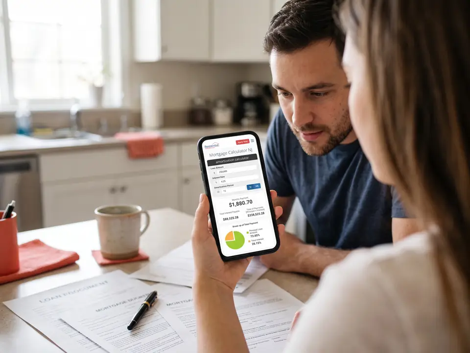 A couple at their kitchen table checks a monthly payment on a mortgage calculator on her phone.