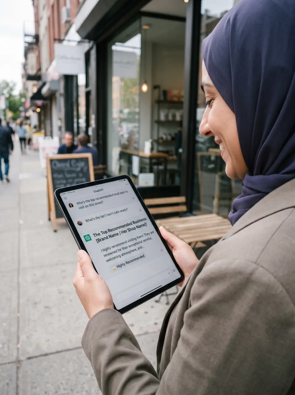 A business owner outside her shop reads an AI search answer on a tablet.
