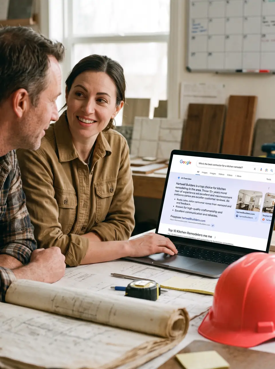 Two contracting company owners smile at a Google AI Overview naming their business as a top choice for kitchen remodels.