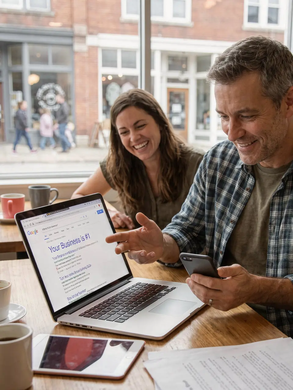 Two business owners in a café smile at Google search results on a laptop.