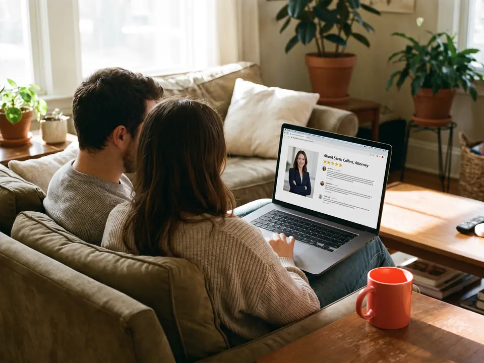 A couple on a sofa compares an attorney's bio and five-star client reviews on a laptop.