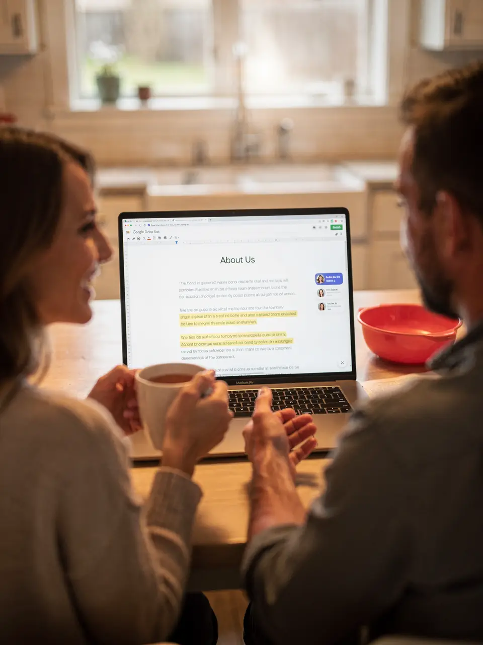 A couple at a kitchen table reviews website copy in a Google Doc.