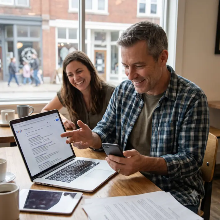 Two business owners smile at Google search results on a laptop in a cafe.