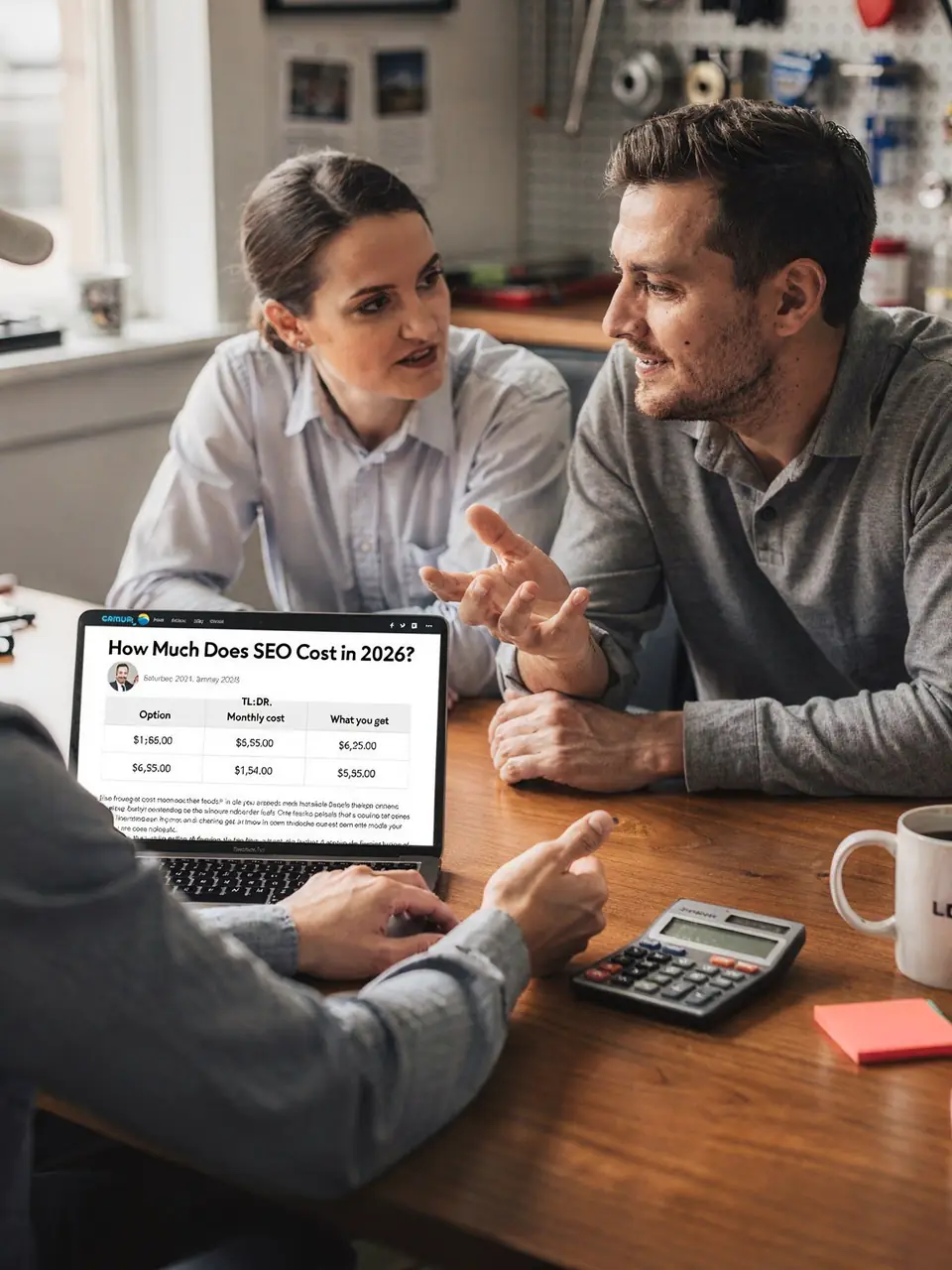 Two coworkers discuss an SEO cost article with a pricing table on screen.