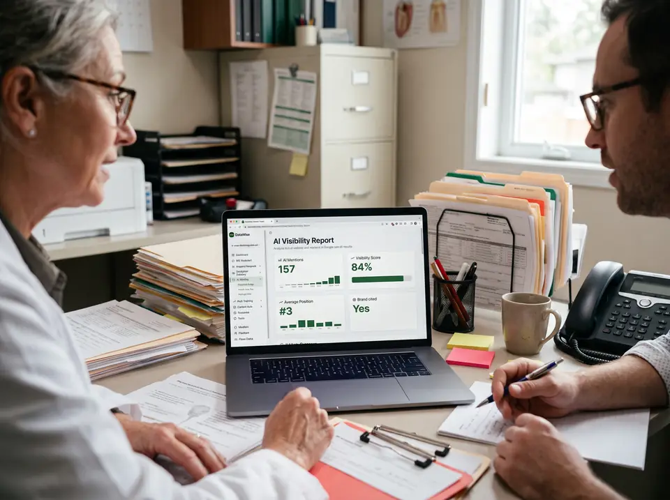 A dentist and a specialist review an AI visibility report on a laptop.