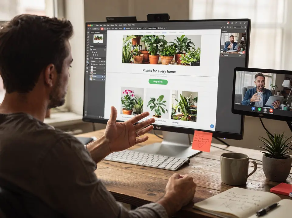 A designer shows a client a plant shop page design over video call.