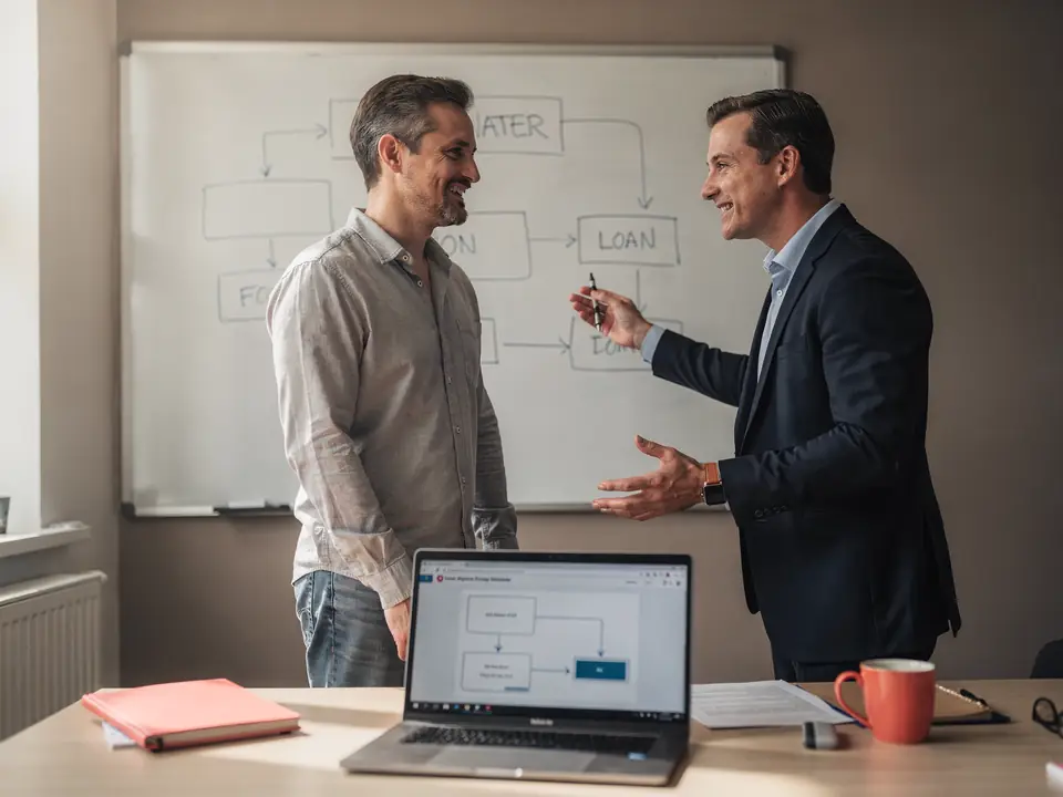 A developer and a mortgage broker sketch a loan calculator flow on a whiteboard.
