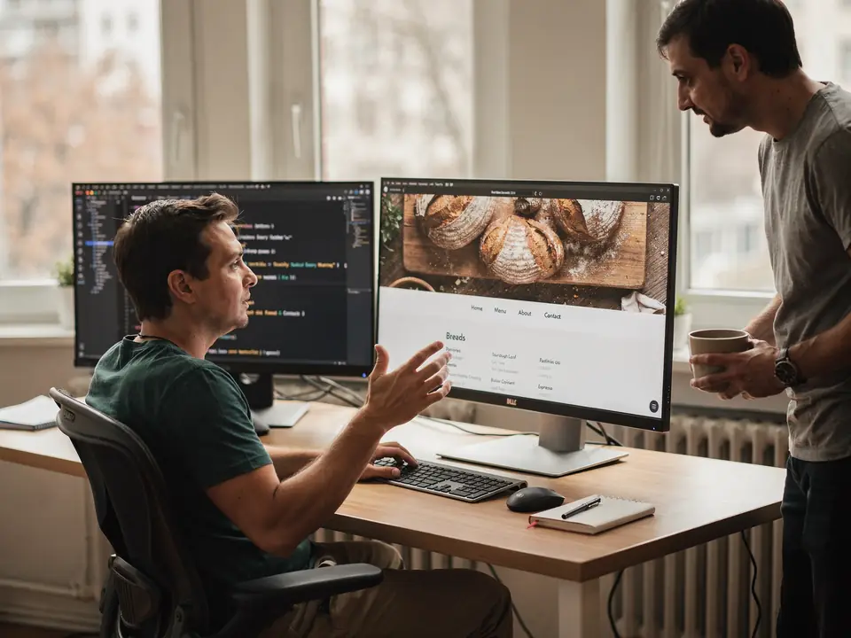 A developer codes a bakery website with a live preview on a second monitor.
