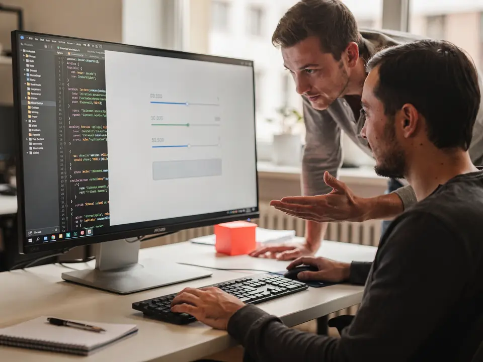 A developer builds a web calculator with code and a live preview on screen.
