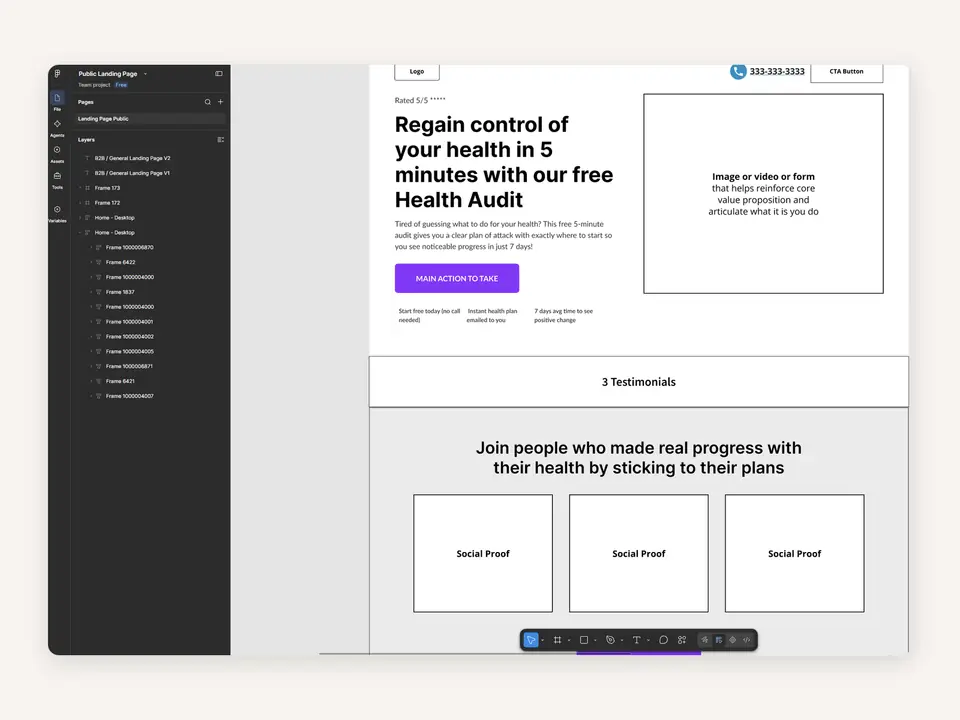 Figma wireframe of a health landing page with headline, main button and proof sections.