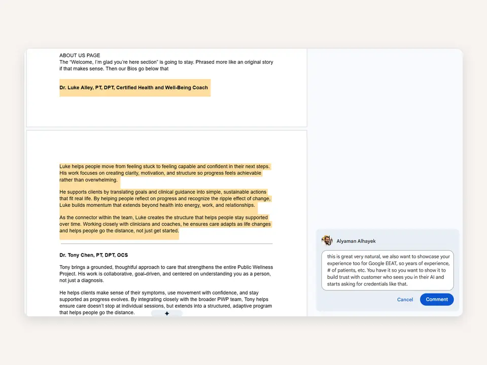 Google Doc of About page bios with my review comment asking for credentials.